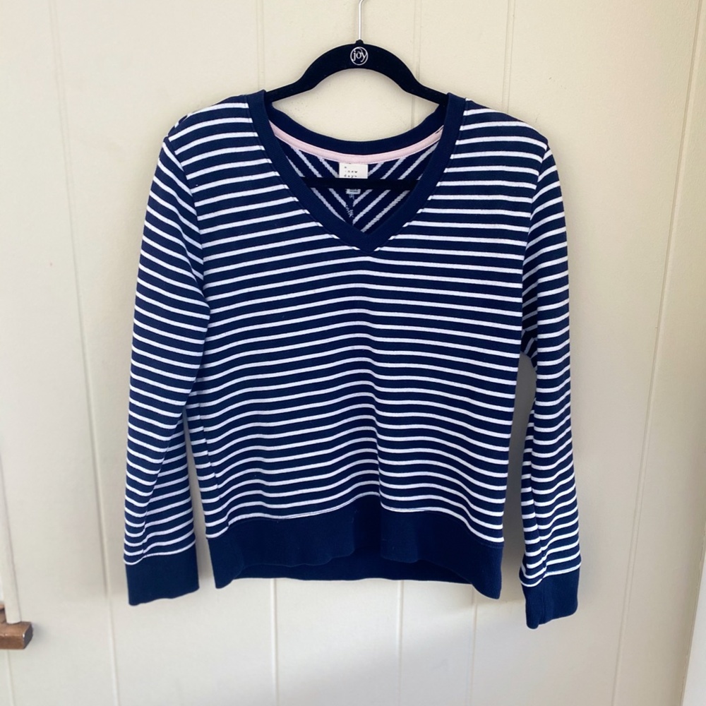 Navy & White Striped Long-Sleeve V-Neck Pullover